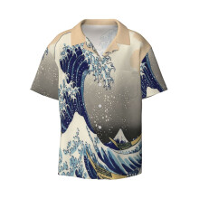(Great Wave_11685) Men's Hawaiian Shirts Cuban Collar Vintage Bowling Short Sleeve Button Down Beach Shirt Casual Summer Vacation Wear Retro Tee