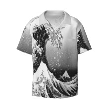 (Great Wave Monochrome_4990) Men's Hawaiian Shirts Cuban Collar Vintage Bowling Short Sleeve Button Down Beach Shirt Casual Summer Vacation Wear Retro Tee
