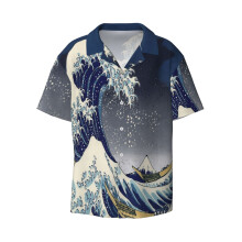 (Great Wave Kanagawa Night_4867) Men's Hawaiian Shirts Cuban Collar Vintage Bowling Short Sleeve Button Down Beach Shirt Casual Summer Vacation Wear Retro Tee
