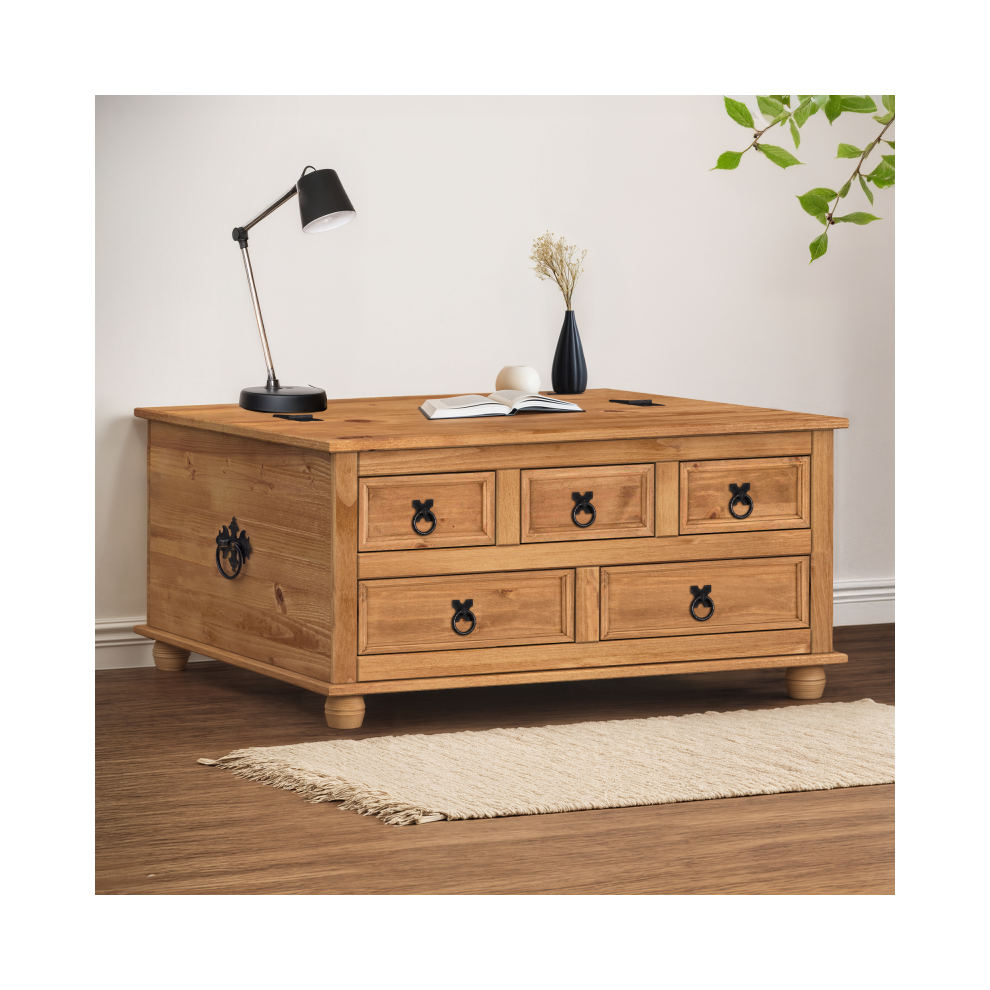 Mercers Furniture Corona 5 Drawer Storage Chest Coffee Table Blanket Box Solid Wood Mexican Pine - Antique Wax - Image 2