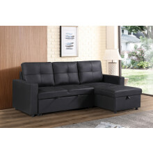 (Black) Newport Leather 3 Seater Sofa Bed with Reversible Chaise