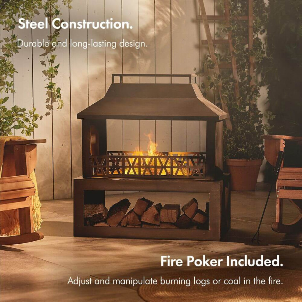 Outdoor Steel Fire Pit Chiminea Log Burner with Mesh & Log Storage