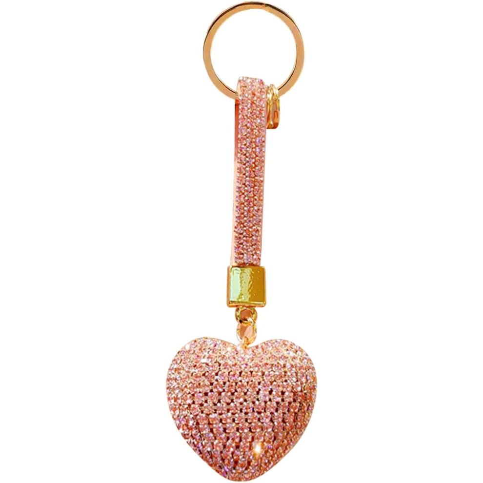 (Pink) Sparkling Heart Keychain - Couple Key Chain,Love Heart Rhinestone Key Ring Sparkling Keychain Leather Bag Pendant for Women