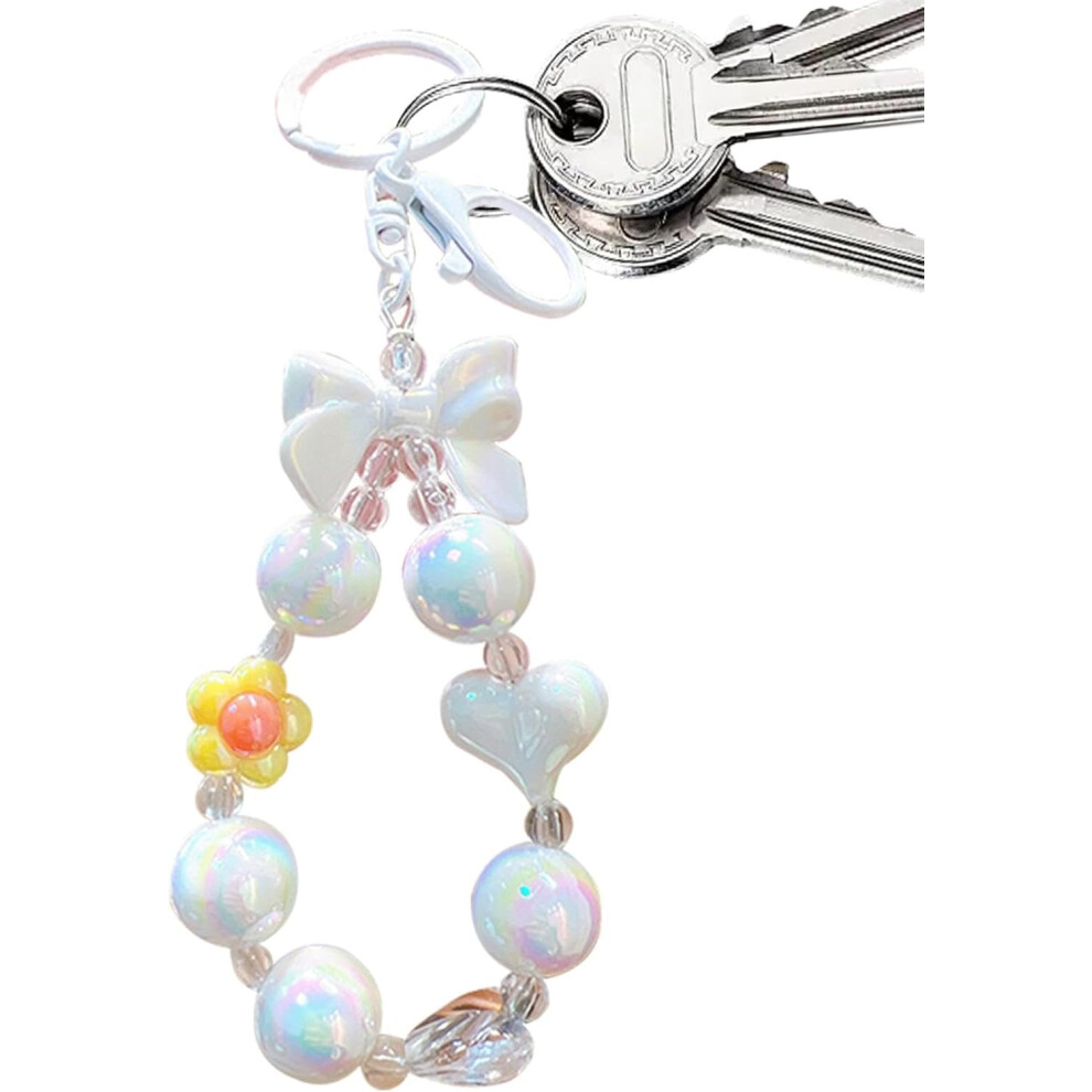 (White) Beaded Flower Keychain - Cute Lanyard Key Pendant,Bead Keychain Bracelet Wristlet for Women House Car Keyring Holder for Mother's Day