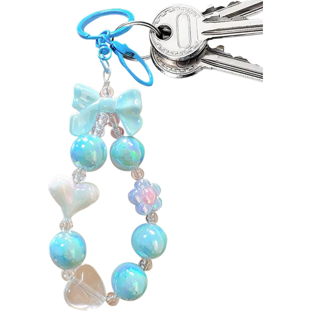 (Blue) Beaded Flower Keychain - Cute Lanyard Key Pendant,Bead Keychain Bracelet Wristlet for Women House Car Keyring Holder for Mother's Day