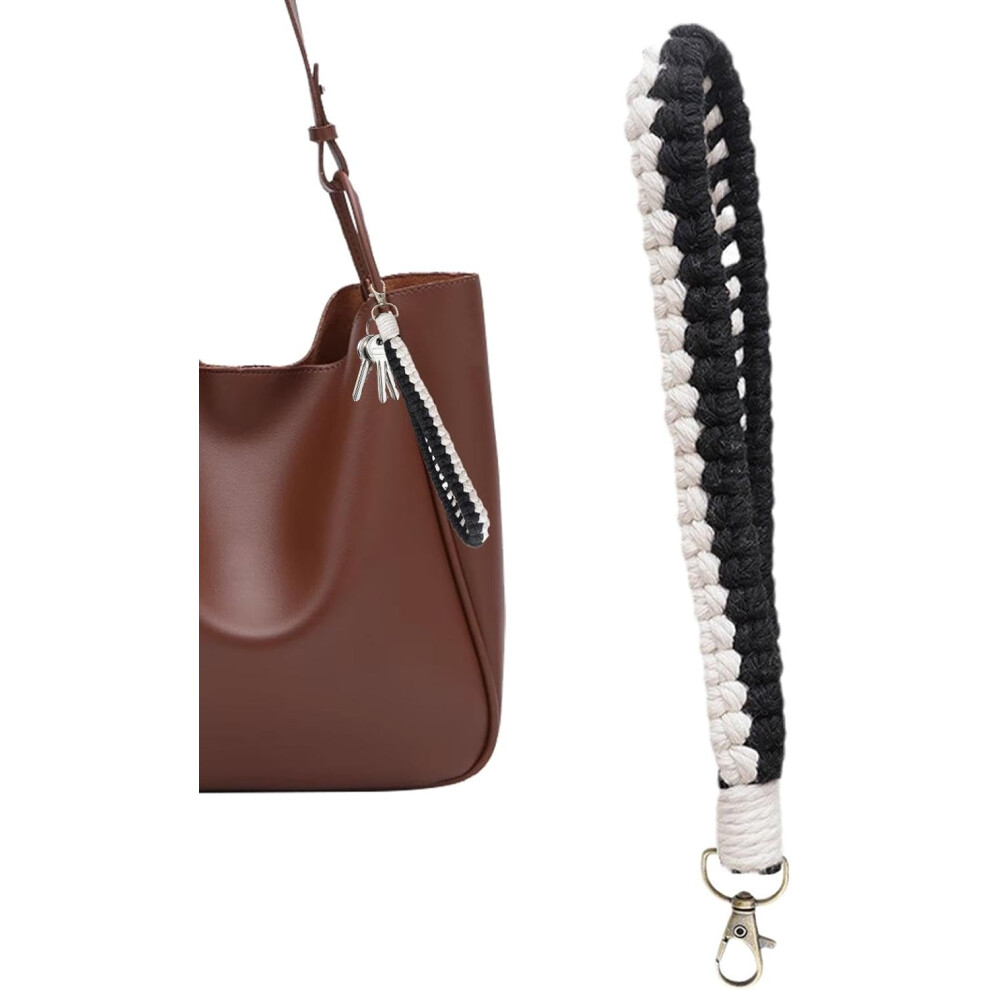 (Black) Rope Keychain | Woven Bohemian Rope Bracelet Keychain Wristlet Lanyard - Keyring Holder Wristlet Colorful Tassel Wristlet For Phone Bags Keys Black