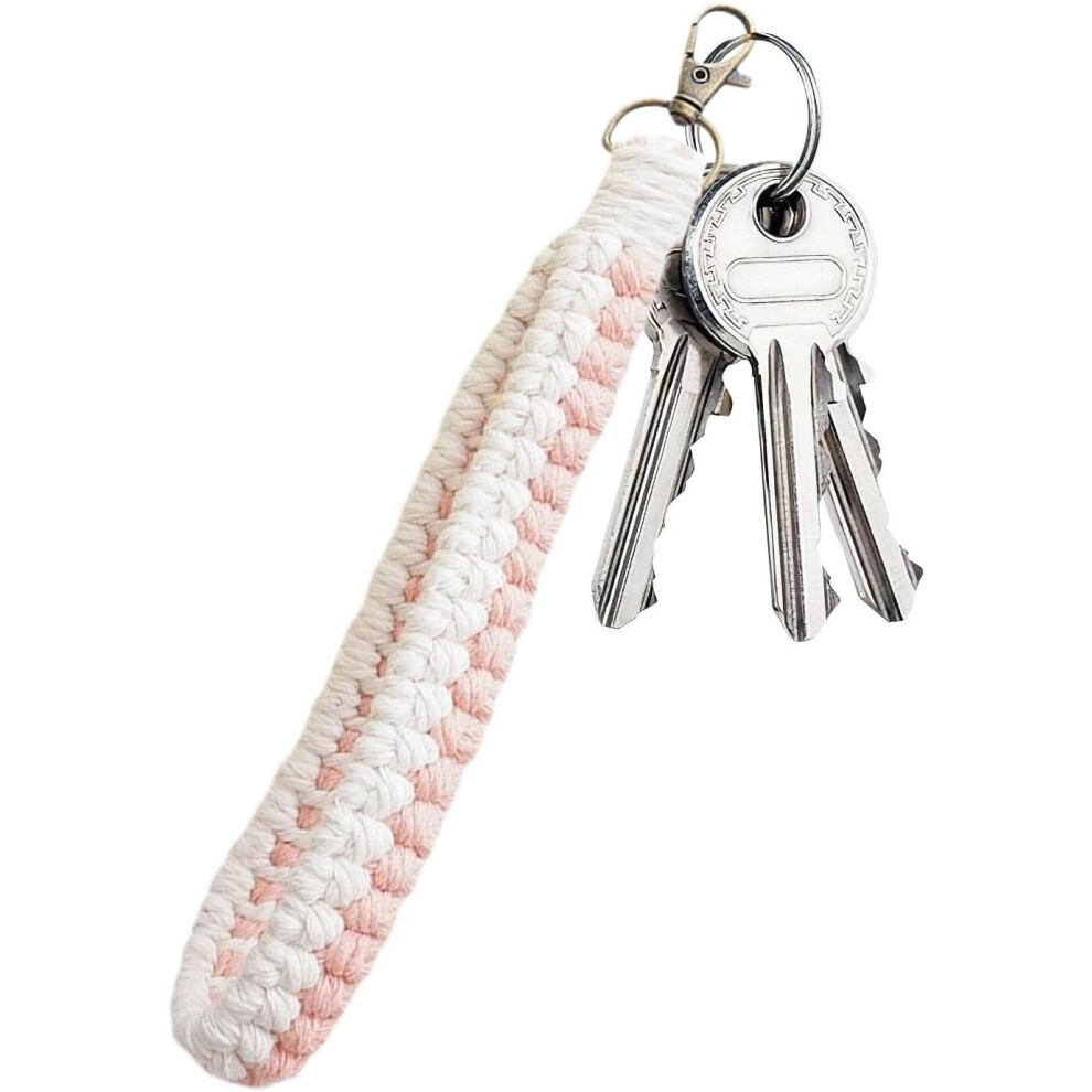 (Pink) Rope Keychain | Woven Bohemian Rope Bracelet Keychain Wristlet Lanyard - Keyring Holder Wristlet Colorful Tassel Wristlet for Phone Bags Keys
