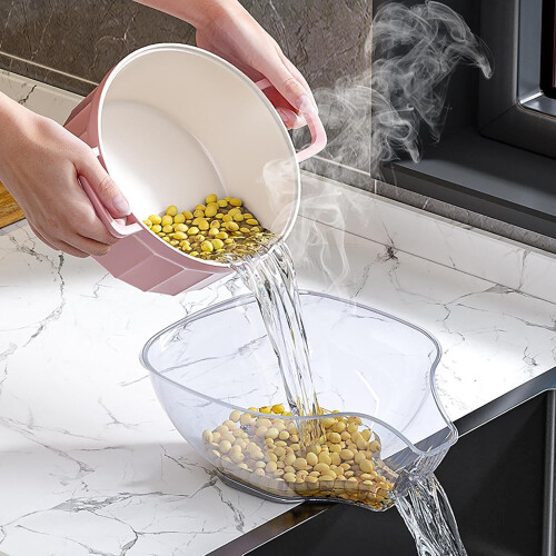 (Transparent) Vegetable Washing Basket - Safety Hangable Strainer Bowl with Side Filter | Stackable Kitchen Strainer for Space Saving, Multifunctional Vegetable 1