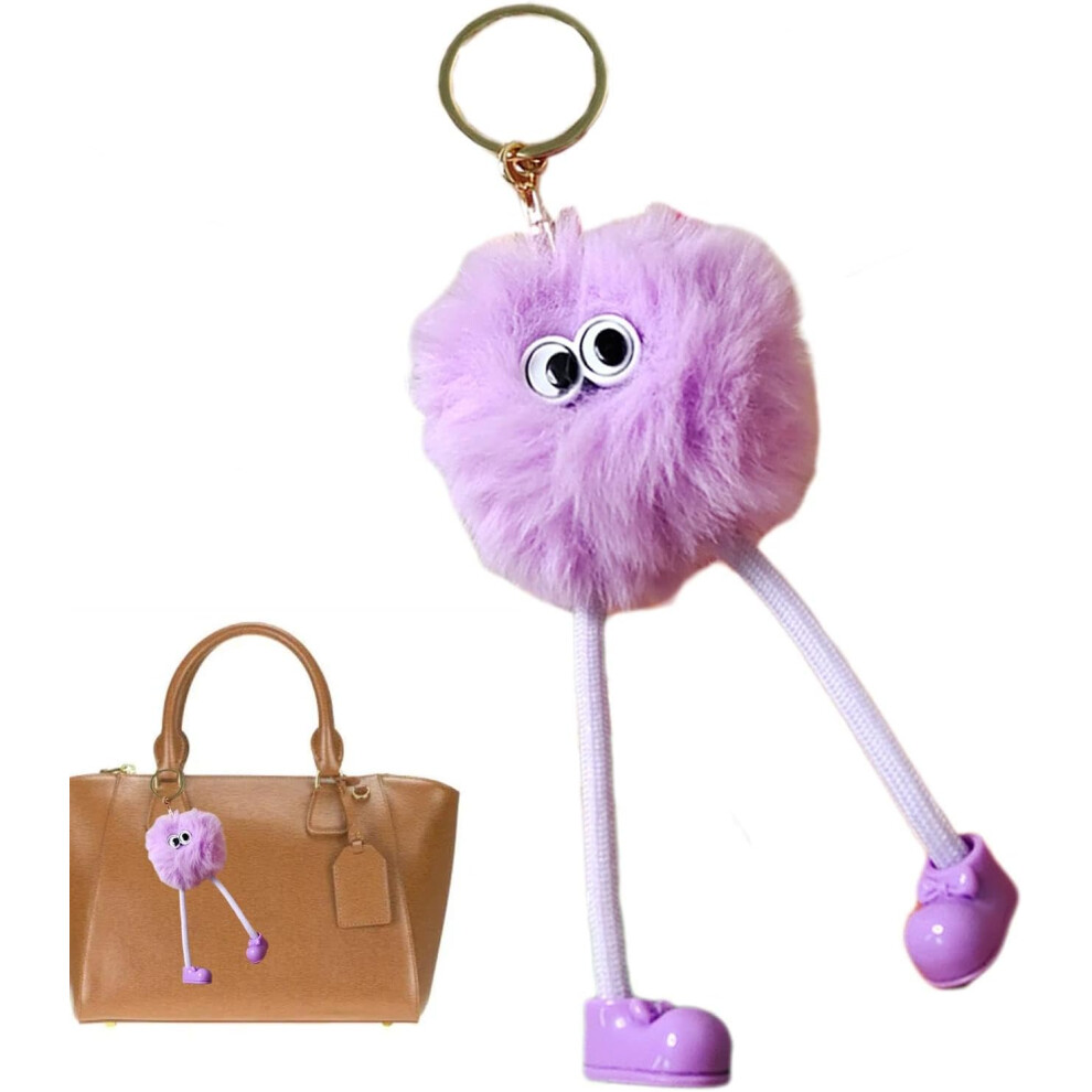 (Purple) Keychain | Fluffy Long Legs Puff Pendant,Cartoon Key Cute Cartoon Fluffy Ball Pendant, Plush Ball Pendant With Eyes Purple