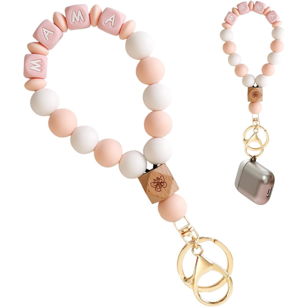 (Pink) Silicone Beaded Key Ring Bracelet | Wristlet Beaded Key Ring For Women - Soft Texture Silicone Bead Keychain Bracelet For Datings, Parties, Wor Pink