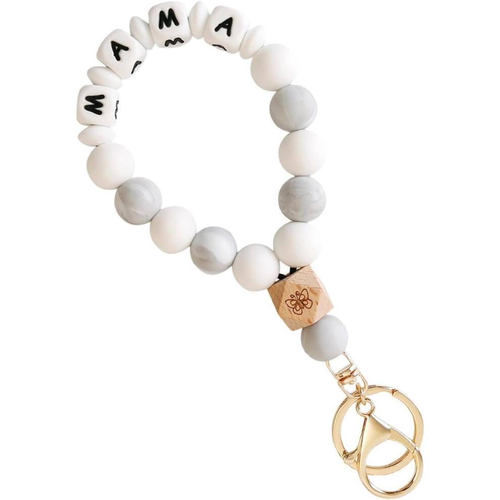(White) Silicone Beaded Key Ring Bracelet | Wristlet Beaded Key Ring for Women - Soft Texture Silicone Bead Keychain Bracelet for Datings, Parties, Work, and
