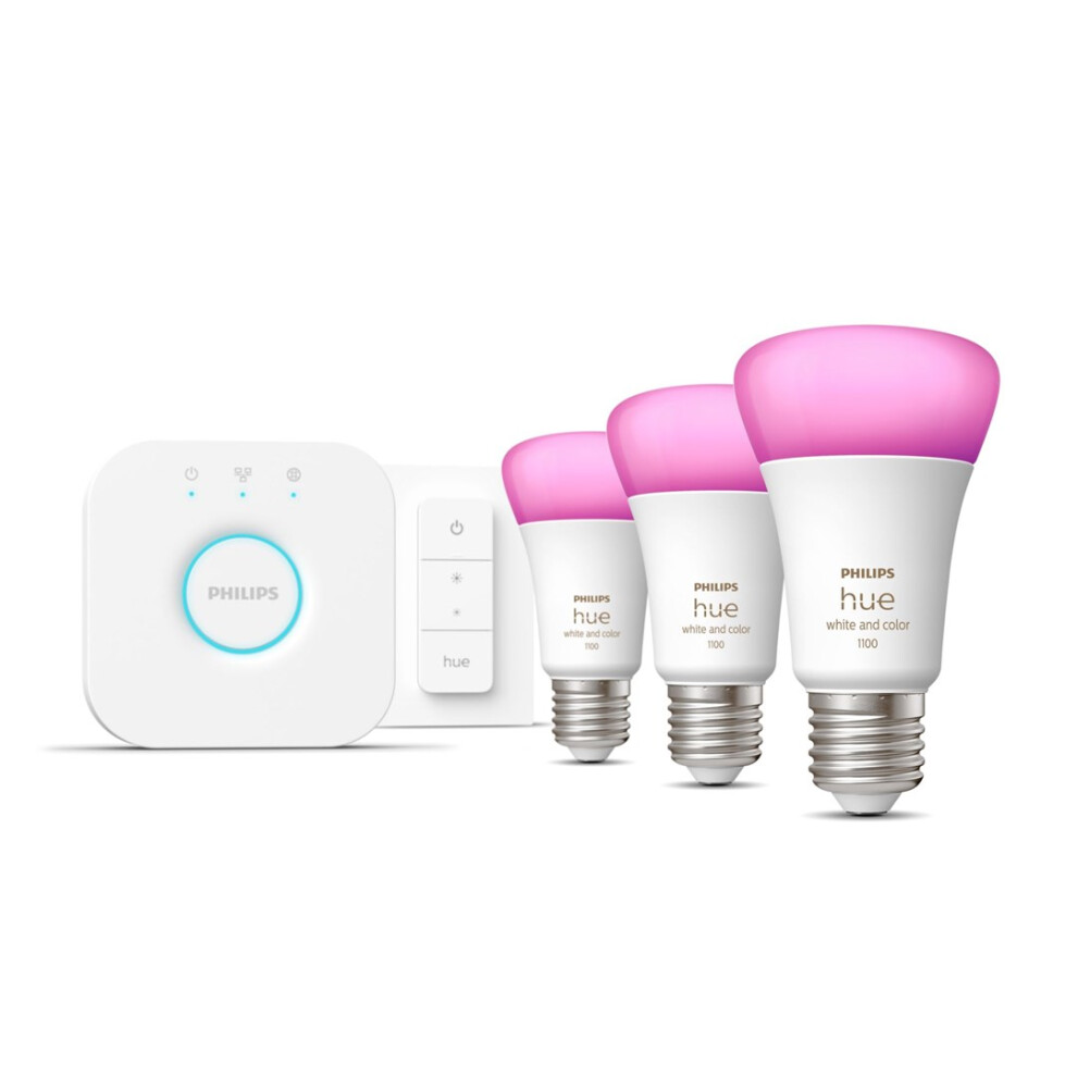 Philips Hue And Colour Ambience Starter Kit: 3 E27 Smart Bulbs (1100) + Dimmer Switch White
