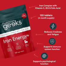 Iron Tablets High Strength - Energy Tablets with Vitamin C, B12 & Folic Acid - 120 Vegan Iron Supplements for Women and