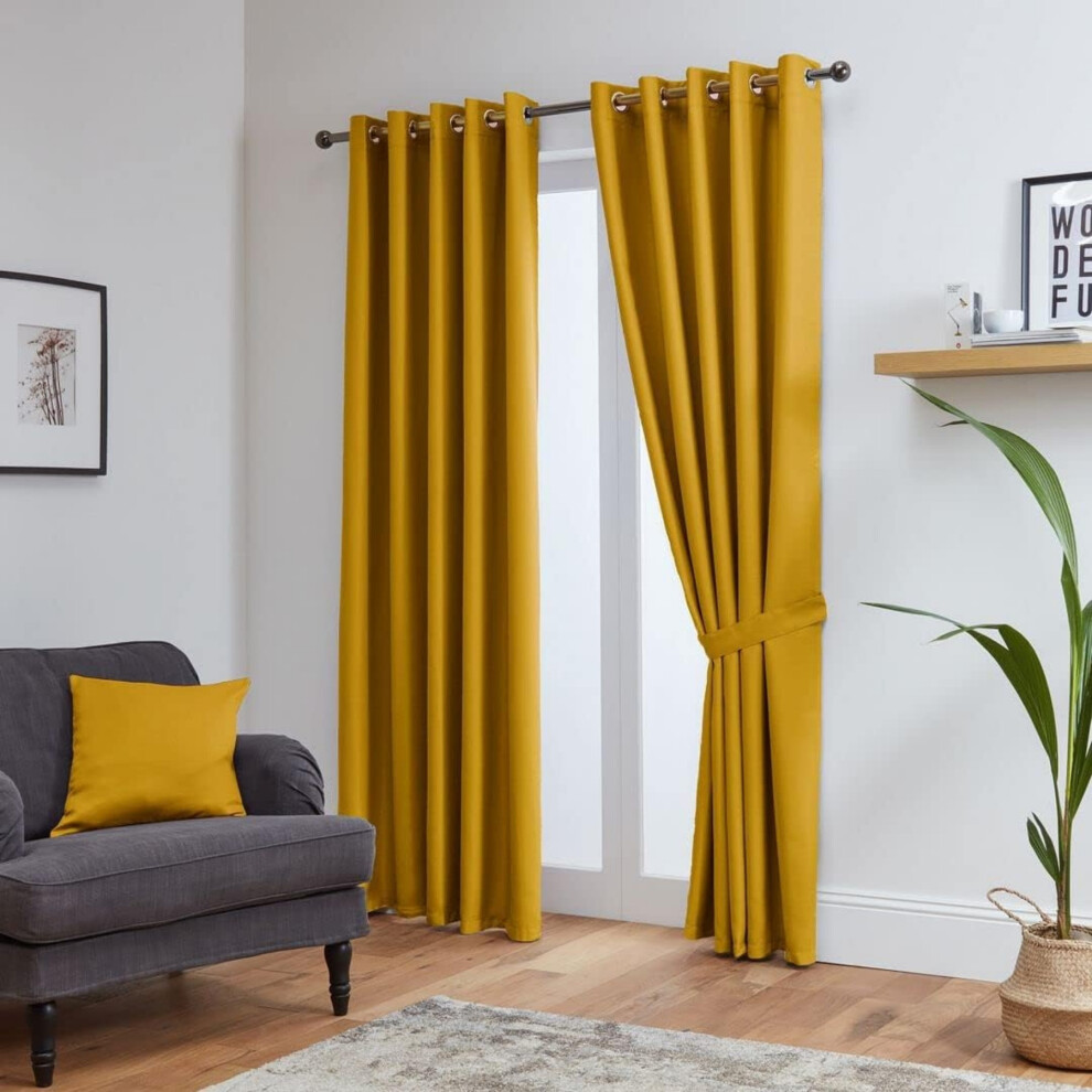 (90*72 Ochre) Blackout Curtains Eyelet Ring Top Ready Made Lined Pair Panel Thermal Insulated-image-OPC-PGRNZ56-NEW