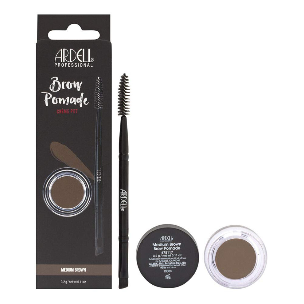 Ardell Brow Pomade - Medium Brown, Smudge-Proof Long-Lasting Eyebrow Makeup, with Dual-Ended Precision Brush and Spoolie for Defined and Natural Brows