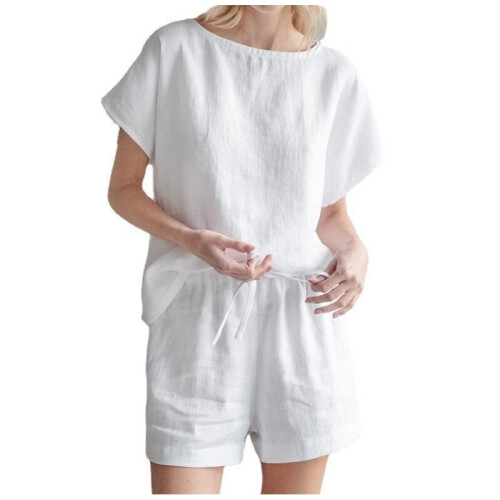 (WHITE, L) Casual Solid Color Short Sleeve Drawstring Shorts Set