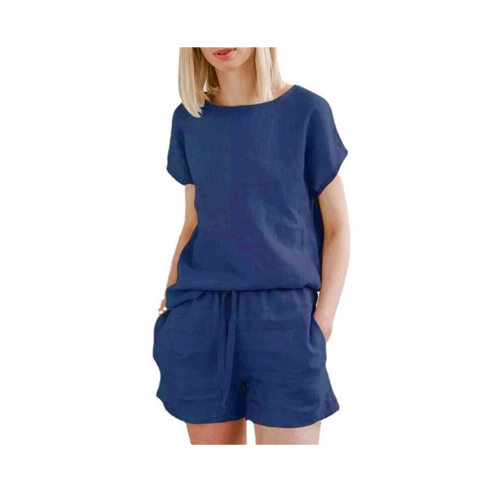(BLUE, S) Casual Solid Color Short Sleeve Drawstring Shorts Set-image-OPC-PGRQZQT-NEW