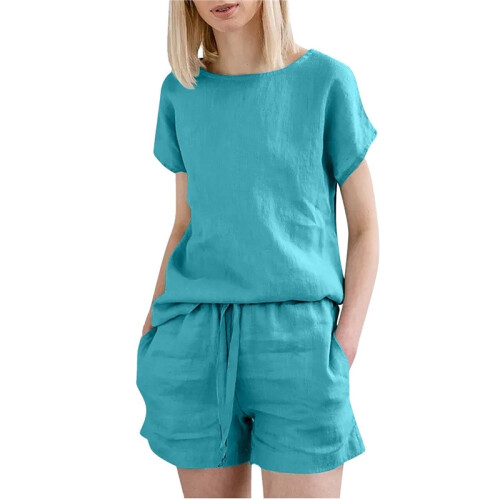 (SKY BLUE, 5XL) Casual Solid Color Short Sleeve Drawstring Shorts Set
