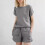(GRAY, 3XL) Casual Solid Color Short Sleeve Drawstring Shorts Set 1