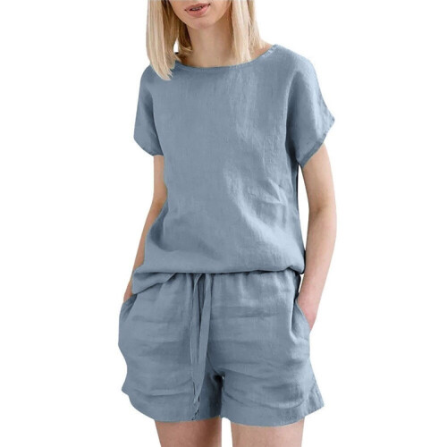 (BABY BLUE, XL) Casual Solid Color Short Sleeve Drawstring Shorts Set
