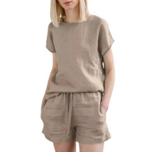 (SANDY BEIGE, XL) Casual Solid Color Short Sleeve Drawstring Shorts Set