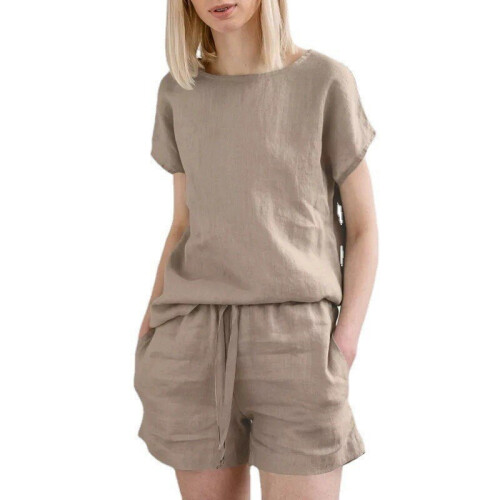 (SANDY BEIGE, XL) Casual Solid Color Short Sleeve Drawstring Shorts Set