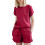 (Red , XL) Casual Solid Color Short Sleeve Drawstring Shorts Set 1