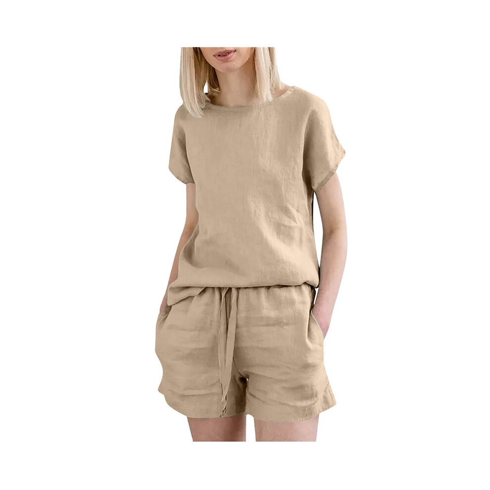 (KHAKI, 4XL) Casual Solid Color Short Sleeve Drawstring Shorts Set-image-OPC-PGRQZQR-NEW