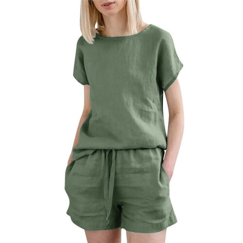 (ARMY GREEN, 4XL) Casual Solid Color Short Sleeve Drawstring Shorts Set