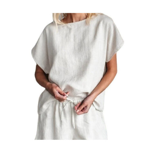 (Apricot , L) Casual Solid Color Short Sleeve Drawstring Shorts Set