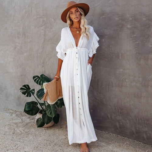 (WHITE, One_size) Solid Color Short Sleeve Drawstring Hoodie Dress