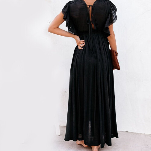 (BLACK, One_size) Solid Color Short Sleeve Drawstring Hoodie Dress