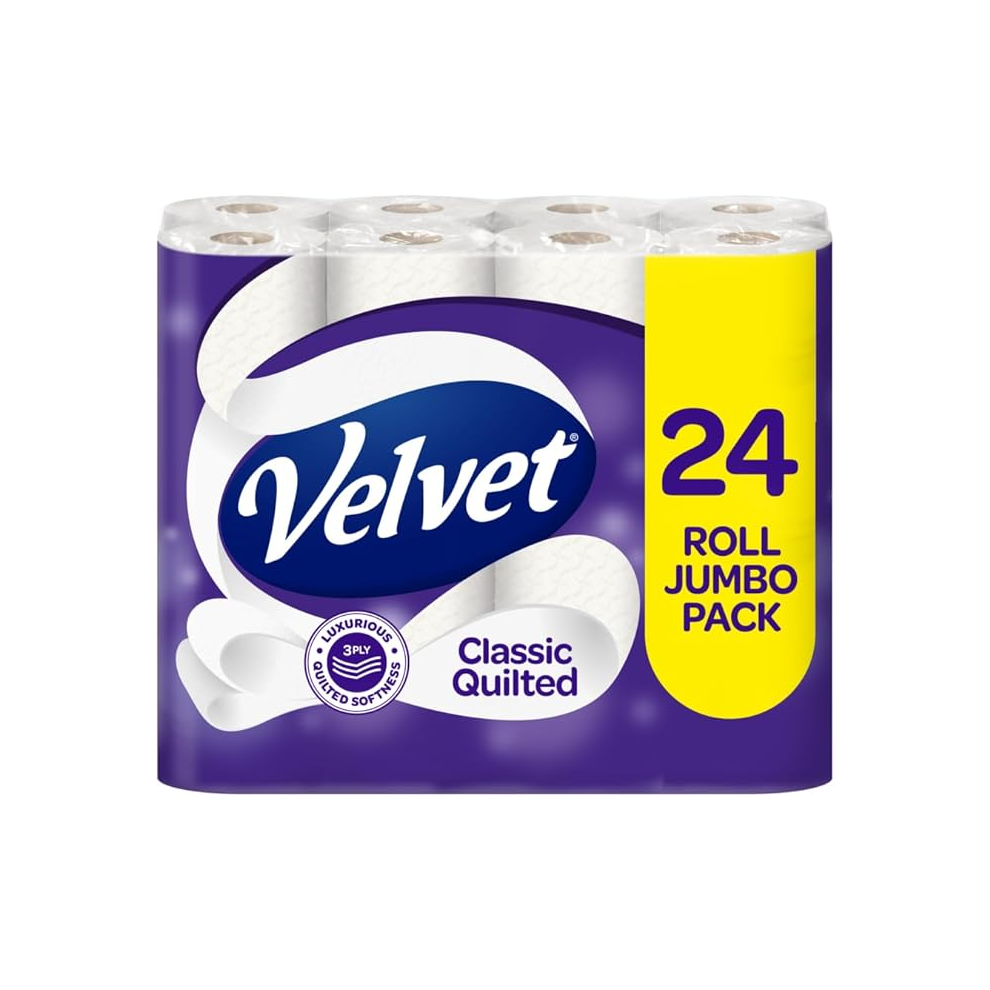 Velvet Classic Quilted Toilet Tissue 24 Rolls - Luxuriously Soft, Strong and Absorbent Toilet Roll - Jumbo Bulk Pack 24