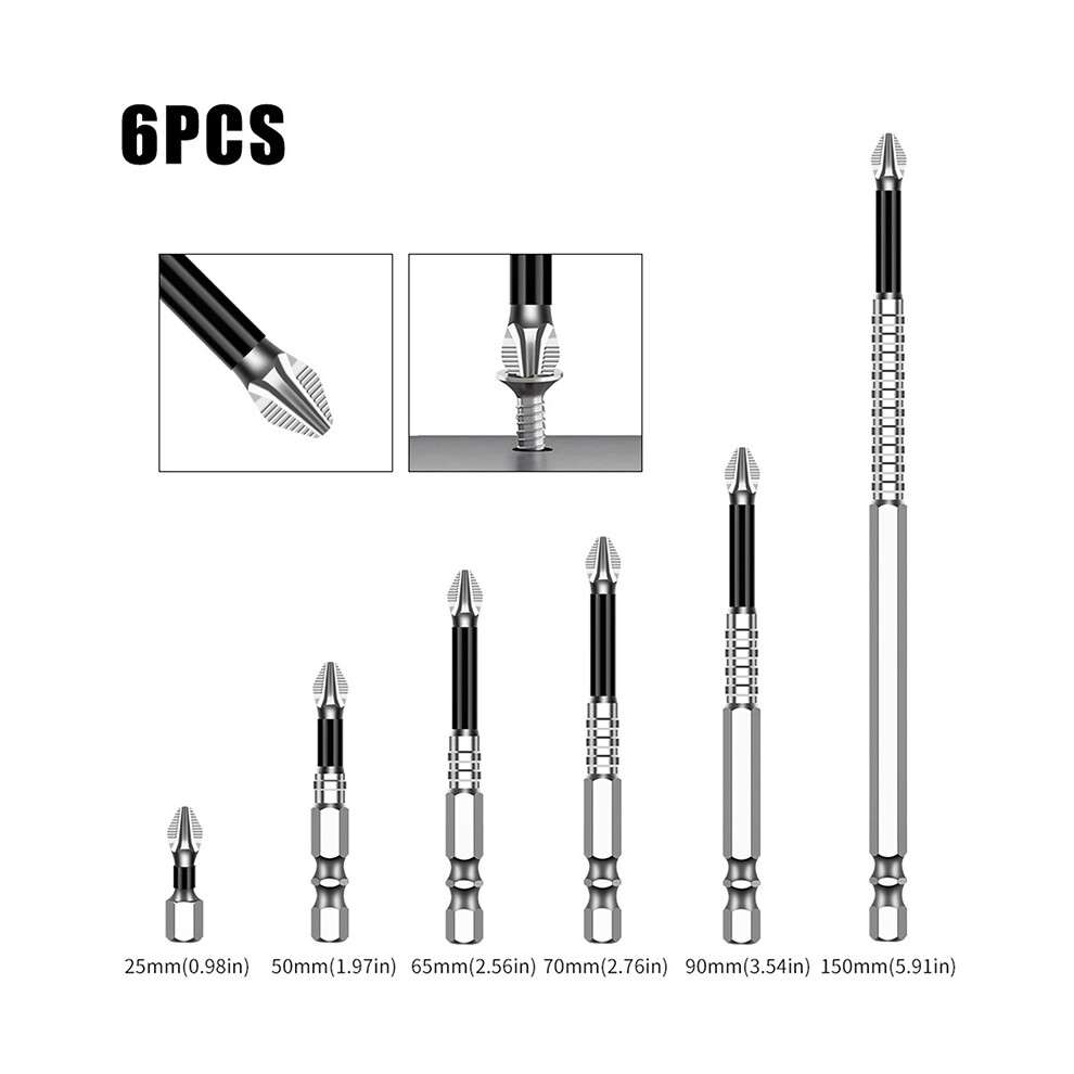 Non-Slip Bit Strong Magnet Black Non-Slip Cross Bit Hand Drill Electric Screwdriver 6Pcs [25L+50L+65L+70L+90L+150L] 688249426937