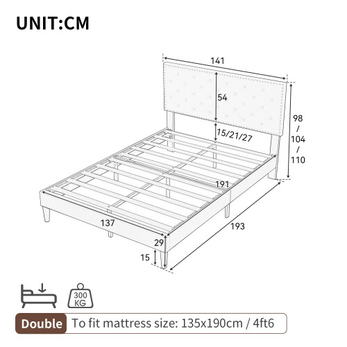 ModernLuxe Upholstered Double Bed, 4FT6 Bed Frame with Adjustable Button-Tufted & Riveted Headboard, Solid Wooden Slatted Frame, Mute Foam, Easy 1