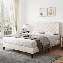 ModernLuxe Upholstered Double Bed, 4FT6 Bed Frame with Adjustable Button-Tufted & Riveted Headboard, Solid Wooden Slatted Frame, Mute Foam, Easy
