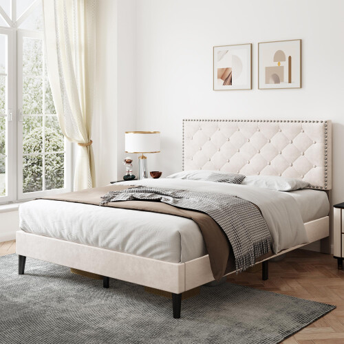 ModernLuxe Upholstered Double Bed, 4FT6 Bed Frame with Adjustable Button-Tufted & Riveted Headboard, Solid Wooden Slatted Frame, Mute Foam, Easy