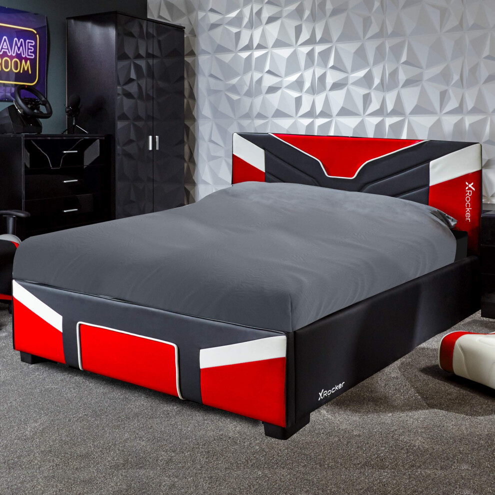 X-Rocker Cerberus Gaming Bed, 4ft6 Double Bedstead Frame, Wooden Slats, PU Faux Leather Upholstered Headboard, Low Footboard, Ideal for Teens, Kids,