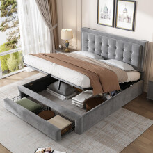 BTM Upholstered Double Bed 4FT6-135x190cm, Double Bed with Storage(Large Underbed Box & Big Drawer), Headboard & Slats, No Mattress, Grey Velvet