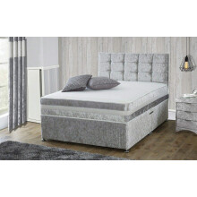 Luxurious Nights Crushed Velvet Divan Base 2 Drawers Complete With Headboard and Memory Foam Mattress (Silver, 4FT6 Double)
