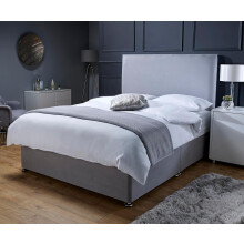 Savako Premium - Grey Plush Divan Bed with Memory Foam Mattress and Headboard with Chrome Feet - (4ft Small Double - 120cm x 190cm)