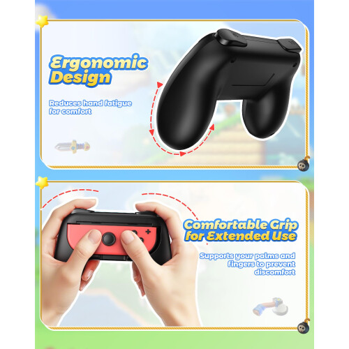 FYOUNG Controller Grip for JoyCon Compatible with Nintendo Switch & Switch OLED Model, Comfort JoyCon Holder Accessories (2 Pack) - Black 1