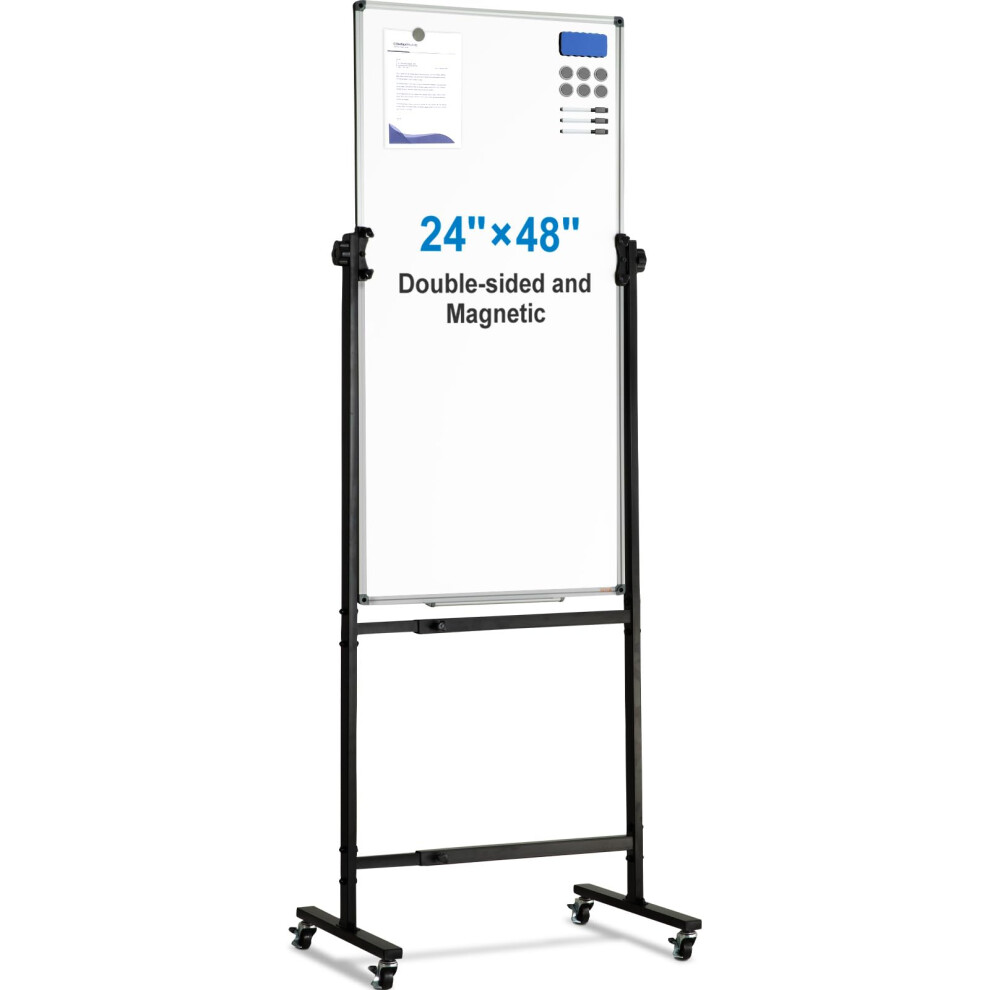 VEVOR Rolling Magnetic Whiteboard  Double-Sided Mobile Whiteboard 24x48 Inches  360 Reversible Adjustable Height Dry Erase Board with Wheels & Movable