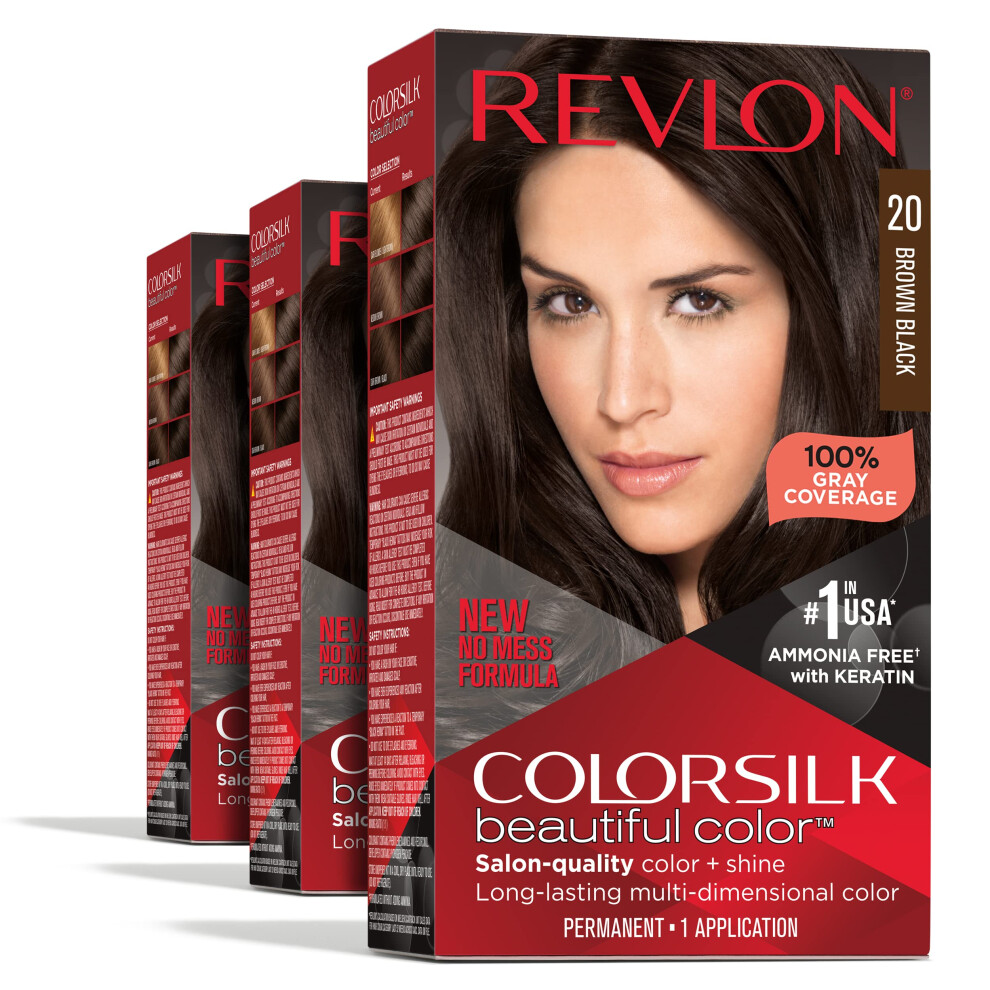 Revlon Permanent Hair Color Permanent Hair Dye Colorsilk with 100% Gray Coverage Ammonia-Free Keratin and Amino Acids 20 Brown Black 4.4 Oz (Pac