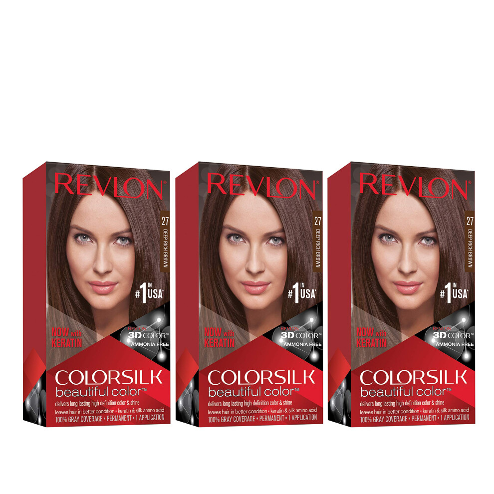 Revlon Permanent Hair Color Permanent Hair Dye Colorsilk with 100% Gray Coverage Ammonia-Free Keratin and Amino Acids 27 Deep Rich Brown 4.4 Oz