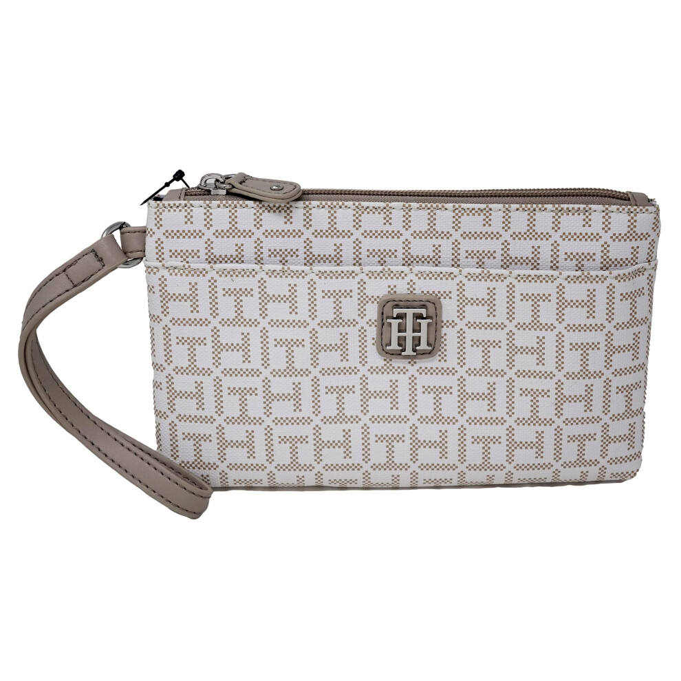 Tommy Hilfiger Women White Tan Coated Canvas Logo Print Wristlet Wallet Clutch Bag