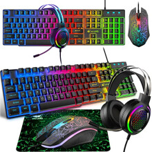 Gaming Keyboard Headset & Mouse Set, 104 Keys Rainbow Backlit UK Layout Keyboard 2400DPI Mouse 7.1 Surround Sound RGB Lightweight Honeycomb Headset