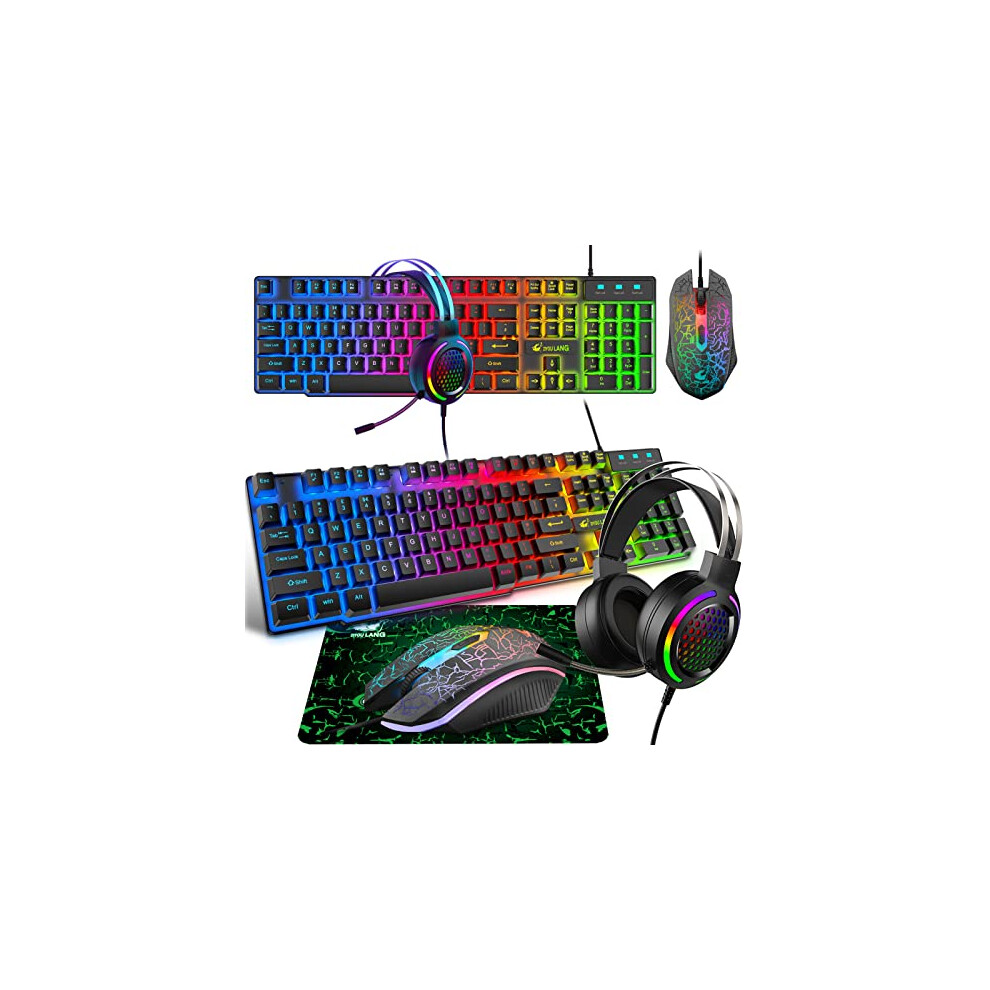 Gaming Keyboard Headset & Mouse Set, 104 Keys Rainbow Backlit Uk Layout Keyboard 2400Dpi Mouse 7.1 Surround Sound Rgb Lightweight Honeycomb Headset 786592918175