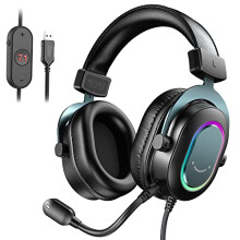 FIFINE Gaming USB Headset for PC, Over-Ear Wired Headset with Microphone, 7.1 Surround Sound, Passive Noise Canceling, LED RGB, Black Streaming