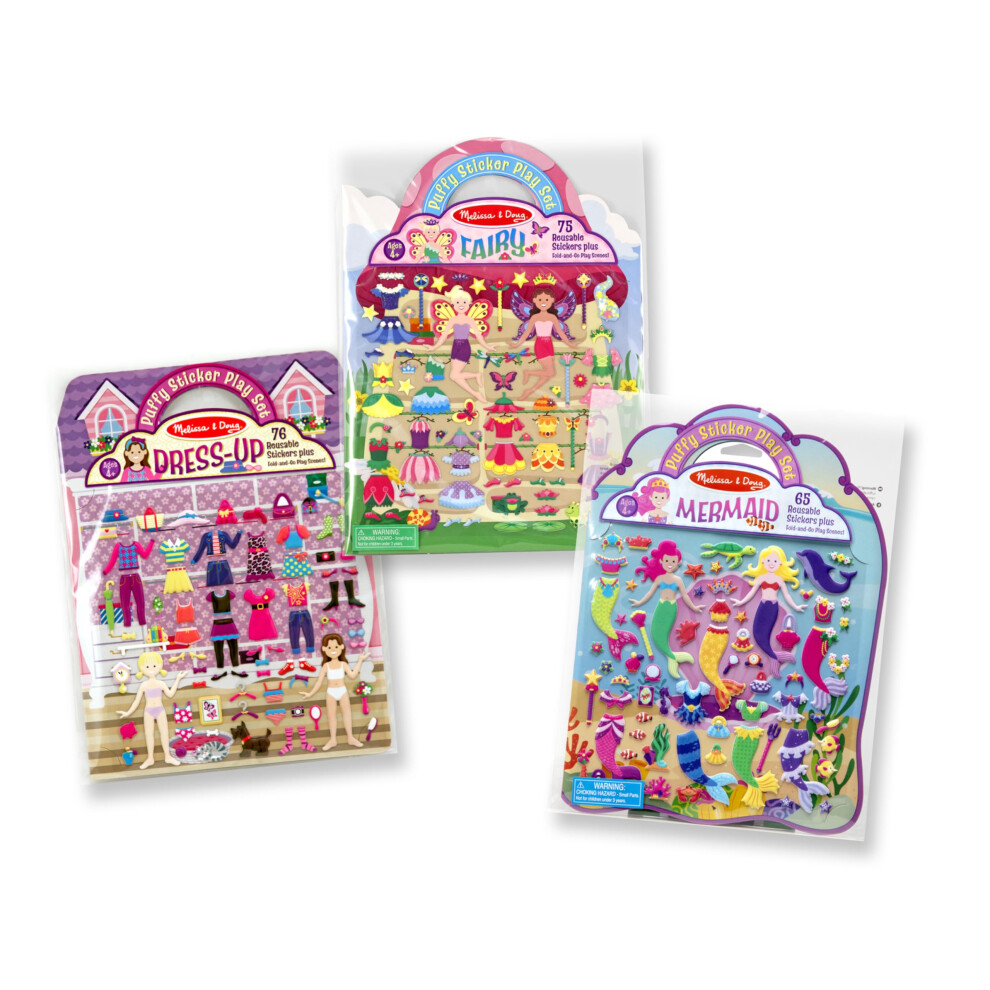 Melissa & Doug Puffy Sticker Pads Set: Fairy Dress-Up And Mermaid - 216 Reusable Stickers